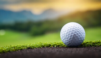 White golf ball on short green grass in field. Active sport.