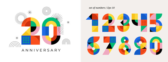 Anniversary concept design. Modern geometric style. Fireworks and celebration colorful background, set of numbers