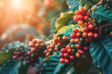 Coffee beans branch ripening in agriculture farm. - obrazy, fototapety, plakaty