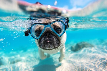 Cute pug dog wearing diving goggles underwater in a clear blue water. Generative AI