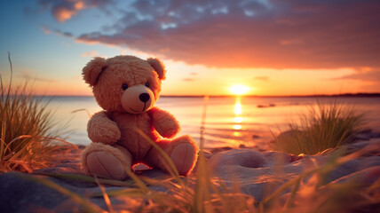 : A plush teddy bear sitting gracefully amidst a bed of vibrant wildflowers at dawn