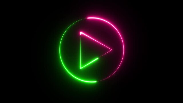 Video, audio neon play button icon animation. glowing play button animation. Press to play. Start button sign video. Music play button icon animation in glowing neon circle and press icon animation.