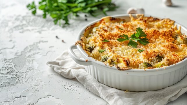 Brussels sprout gratin, showcasing the creamy sauce infused with garlic, topped with a crispy breadcrumb and cheese crust, on a white rustic kitchen table with ample space for text.