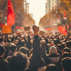 A diverse crowd raises fists in solidarity, united in protest - obrazy, fototapety, plakaty