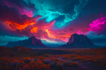 Bright illustration, fantastic landscape of another planet. Vibrant neon rainbow clouds over the mountains, other worlds.