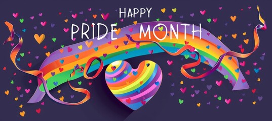 Pride Day themed rainbow banner with the text "HAPPY PRIDE MONTH" and a large heart made of colorful ribbons, symbolizing unity and love for all Generative AI