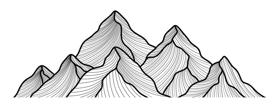 Black mountains drawn with lines. Illustration of mountains for hiking lovers. Minimalist logo with mountains image. Stylish logo for hiking equipment. Mountain vacation concept.