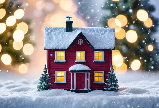 Tiny beautiful toy christmas house with christmas trees on a snowy surface against a bekeh blurred christmas decor lighting background