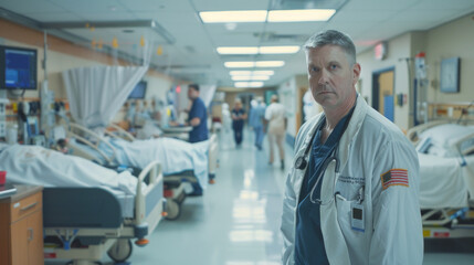 An experienced male doctor stands with a stethoscope in a busy hospital corridor, reflecting the gravity of healthcare work