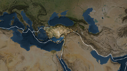 Anatolian plate highlighted. Patterson Cylindrical. Satellite