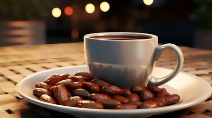 Cup of tea with dates on the table in the cafe, closeup