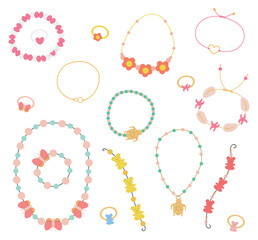 Vector set of cute bracelets, rings and necklaces, cartoon jewelry set for girls in flat style