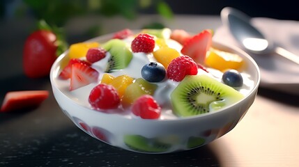 Yogurt with fresh berries in a bowl on the table, closeup