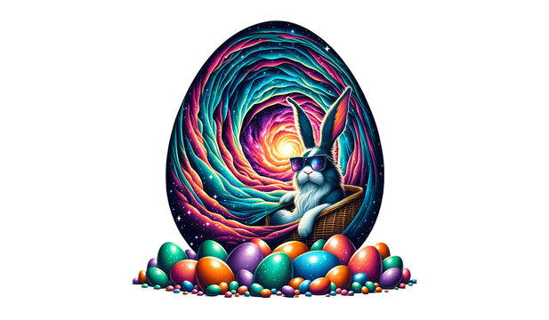 The picture shows a rabbit with sunglasses sitting in a basket,in the background an egg-shaped cosmic vortex galaxy,surrounded by colorful Easter eggs,in front of a transparent background.AI generated
