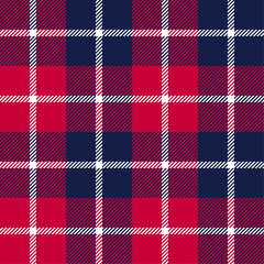 Red, navy blue and white color striped lines tartan check seamless plaid pattern background for textile design, napkin, handkerchief, blanket, cover, tablecloth. Vector illustration.