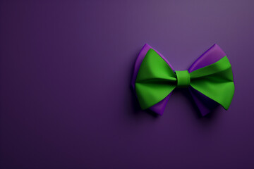 Satin Green Bow Tie on Purple Background.