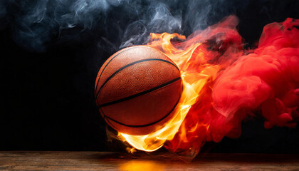 Burning basketball ball with smoke in the air. Hot orange flame. Active sport. Black background.