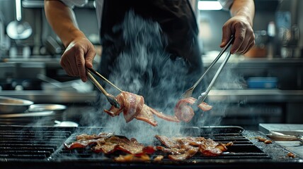 a restaurant rush in the kitchen as a chef deftly turns bacon with metal tongs on the sizzling surface of a grill, showcasing the intensity and precision of culinary expertise.