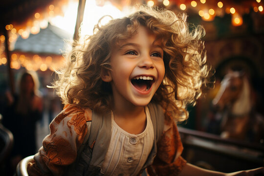 Funny and cute child swinging on carousel weekend family fair Generative AI picture