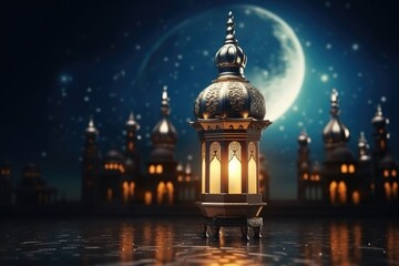 Ramadan Kareem greeting photo with serene mosque background with beautiful glowing lantern.