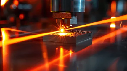 Fotobehang the laser beam cuts through a bar of steel. © B.Panudda