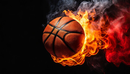 Burning basketball ball with smoke. Hot orange flame. Professional active sport. Black background.