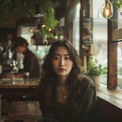 A beautiful asian woman sitting at a cafe mid-shot. She leans slightly towards the camera