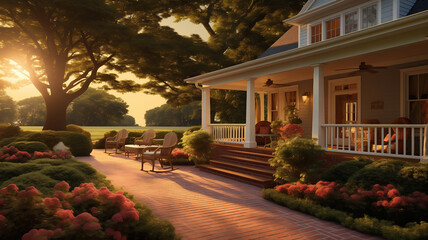 A tranquil retreat nestled amidst lush greenery, featuring an inviting porch in classic American style, bathed in the gentle glow of twilight. - obrazy, fototapety, plakaty