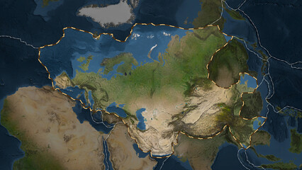 Eurasian plate highlighted. Patterson Cylindrical. Satellite