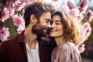 Obraz premium Creative Generative AI technology picture of happy people surrounded by spring blossom enjoying great day