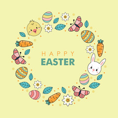 colorful happy easter card with easter elements ,chick,bunny,easter eggs,carrot,flowers,vector illustration for greeting card,invitation,social media post,print