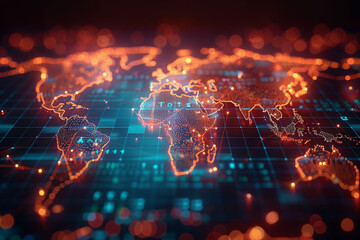 Global Connectivity: Abstract World Map Symbolizing International Data Transfer, Cyber Technology, and Worldwide Business Network - obrazy, fototapety, plakaty