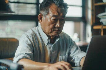 Serious and thoughtful businessman working inside office sitting at table using laptop at work, mature asian boss in shirt thinking and typing on keyboard. Generative AI
