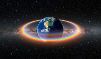 Rainbow surrounds the Planet Earth with Milky Way galaxy in the background 