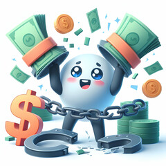3D Flat Icon Liabilities and Debts Concept as Chains Breaking Free from Dollar Cuffs with white background and isolated cute cartoon