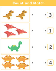 Counting educational children game. Math kids activity sheet. How many counting game with cute dino illustration.  © G.rena