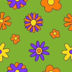 Retro groovy seamless pattern with cute cartoon  flowers on a green background. Vintage texture for fabric design, wallpaper, wrapping paper. 