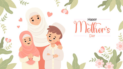 Happy Islamic family. Mothers Day poster. Cute Muslim mother with son and daughter on white background with flowers. Horizontal festive template banner. Vector illustration  