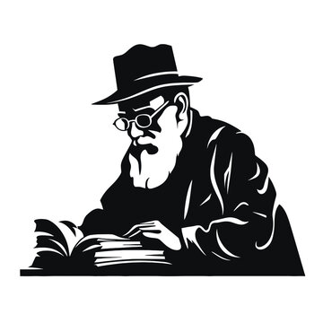 Rabbiner mit Hut liest Tanach Illustration in schwarz-weiß vektor
