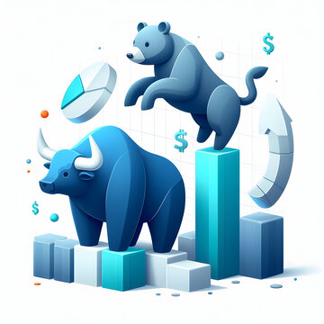 3D Flat Icon Stock Market Dynamics Concept as Abstract Bull and Bear Silhouettes with white background and isolated cute cartoon