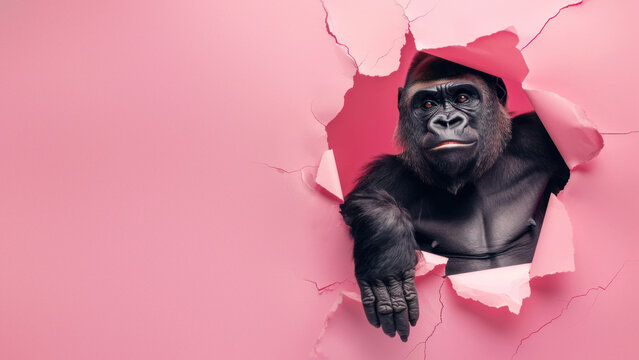 This conceptual image shows a gorilla's gaze through a pink paper hole, evoking mystery