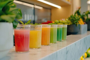 Fototapeta premium A row of colorful drinks in glass cups on a counter