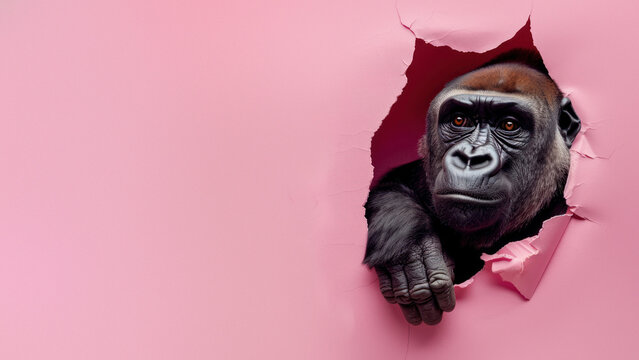 An evocative image of a gorilla thoughtfully looking through pink paper