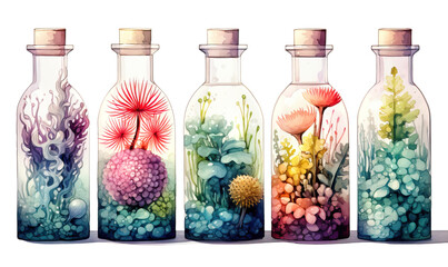 Watercolor, glass bottles with corals isolated on a white background