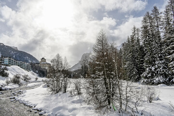 Pontresina, Berninabach, Val Bernina, Dorf, Berninapass, Winter, Wintersport, Wanderweg, Langlauf, Langlaufloipe, Oberengadin, Neuschnee, Wintersonne, Alpen, Graubünden, Schweiz