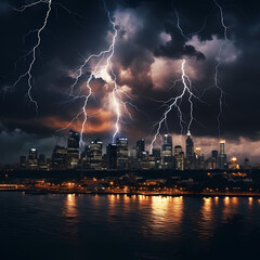 Naklejka na ściany i meble A dramatic lightning storm over a city skyline.