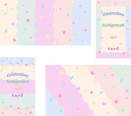Collection of two backgrounds and two cards for children's celebration with gradient small shapes on the colorful striped background. 