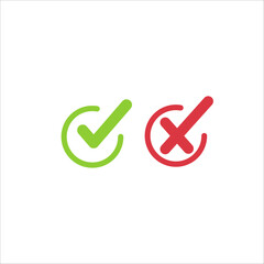 Green tick symbol and red cross sign in circle. Icons for evaluation quiz. Yes and no mark. confirm and reject symbol. Stock vector illustration isolated on dark background.