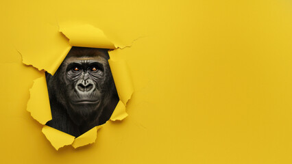 A captivating gorilla observes through a hole in bold yellow paper, contrast reflecting contemplation and depth - obrazy, fototapety, plakaty