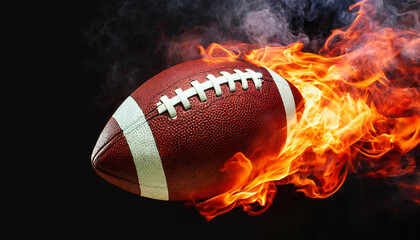Burning American football ball with smoke. Hot orange flame. Professional active sport. Black background.